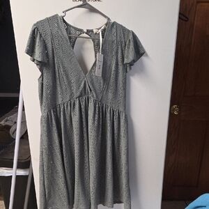 Eyelet V-Neck Flutter Sleeve Summer Dress - Sage Green